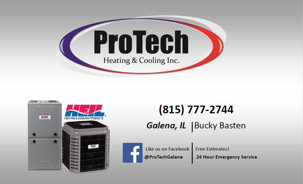 ProTech Heating & Cooling business card with phone number and Heil equipment